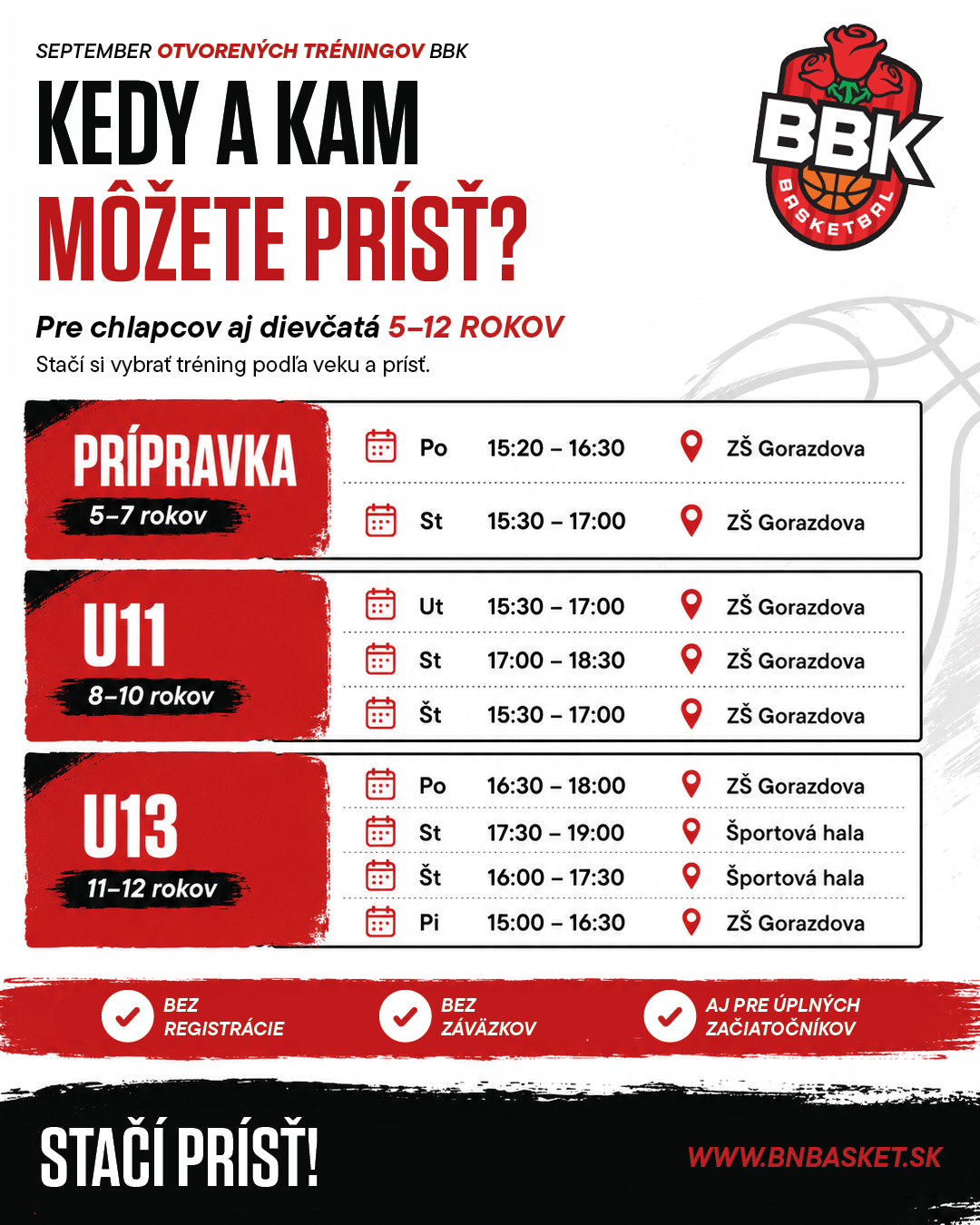 Rozpis septembrových otvorených tréningov BBK pre deti vo veku 5 až 12 rokov